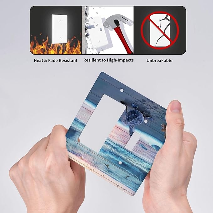 2 Gang Combination 1-Toggle 1-Rocker GFCI/Decorator Outlet Light Switch Cover Nautical Sea Ocean Beach Blue Turtles Starfish Coastal Marine Decorative Combo Two Dual Device Receptacle Wall Plate