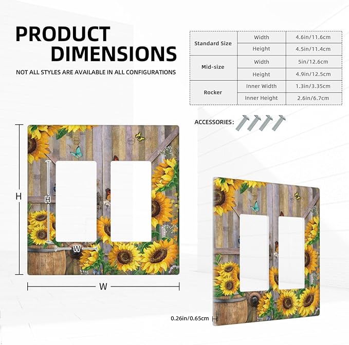 Rustic Sunflower Barn Door Country Wood Plank 2 Gang Rocker Decora Light Switch Covers Decorative Outlet Covers Wall Plate Electrical Faceplate Switchplate GFCI for Farmhouse Bathroom Bedroom Decor
