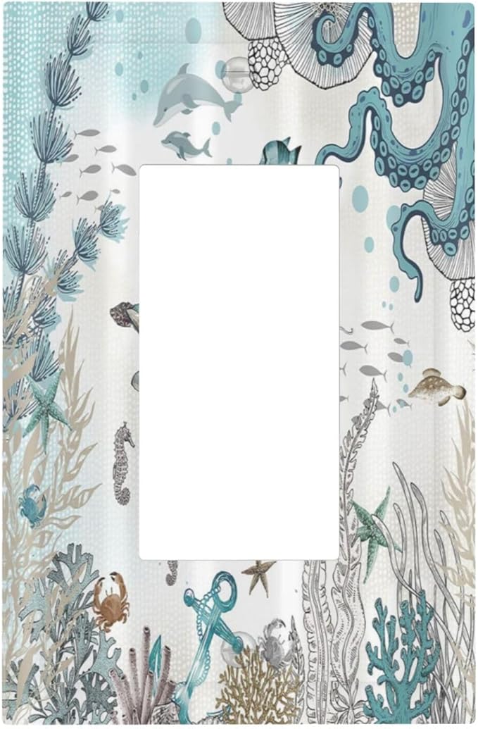 Sea Turtle Octopus Ocean Underwater Animal 1 Gang Rocker Light Switch Covers Decorative Unique Single Decora Outlet Wall Plate Faceplate Switchplate GFCI for Kitchen Bedroom Bathroom Decor
