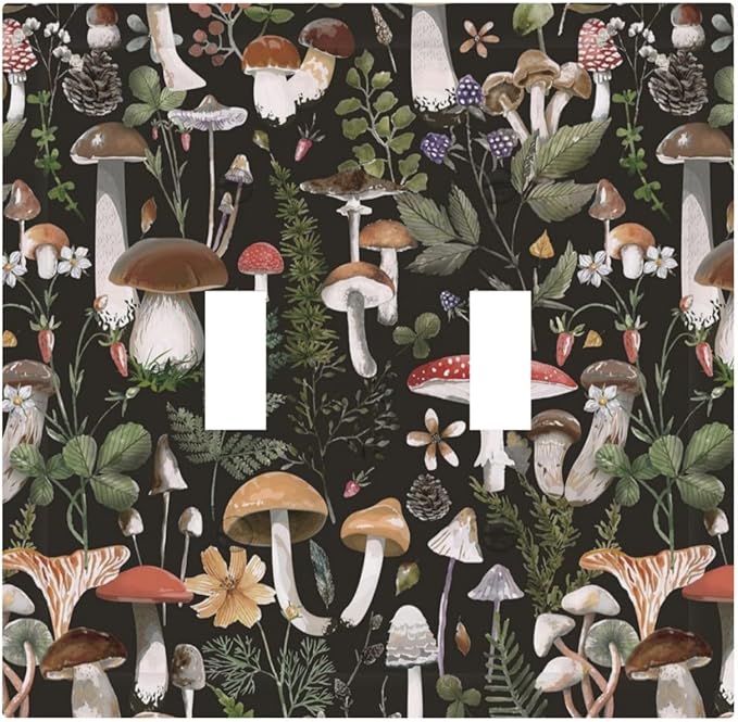 Cute Vintage Gothic Black Boho Mushroom Double Toggle Wall Plate Hippie Bohemian Plant Fungus Forest Floral Botanical Decorative 2-Gang Light Switch Cover Electrical Receptacle Outlet Face Plate Cover