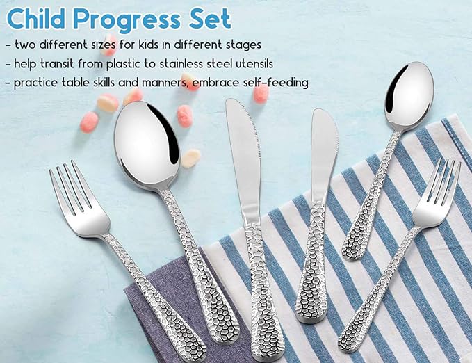 12 Piece Kids Utensils Silverware Set, E-far Stainless Steel Hammered Toddler Cutlery Child Flatware Progress Set, Small Adult Diet Tableware Include Fork Spoon Knife, Mirror Finished, Dishwasher Safe