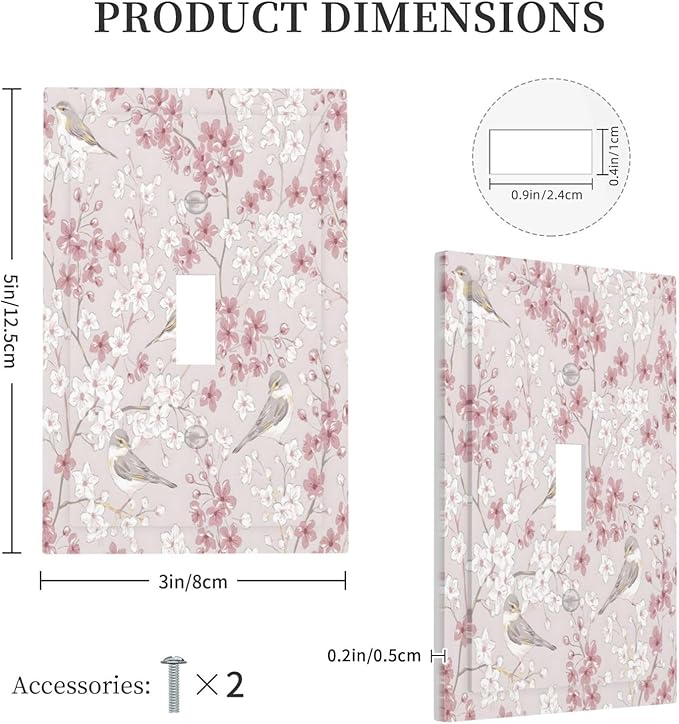 Pink Sakura Cherry Blossom Vintage Bird Floral Flower Decorative Light Switch Cover 1 Gang Single Toggle Device Electrical Faceplate Switchplates Decorator Outlet Wall Plate for Bedroom Living Room