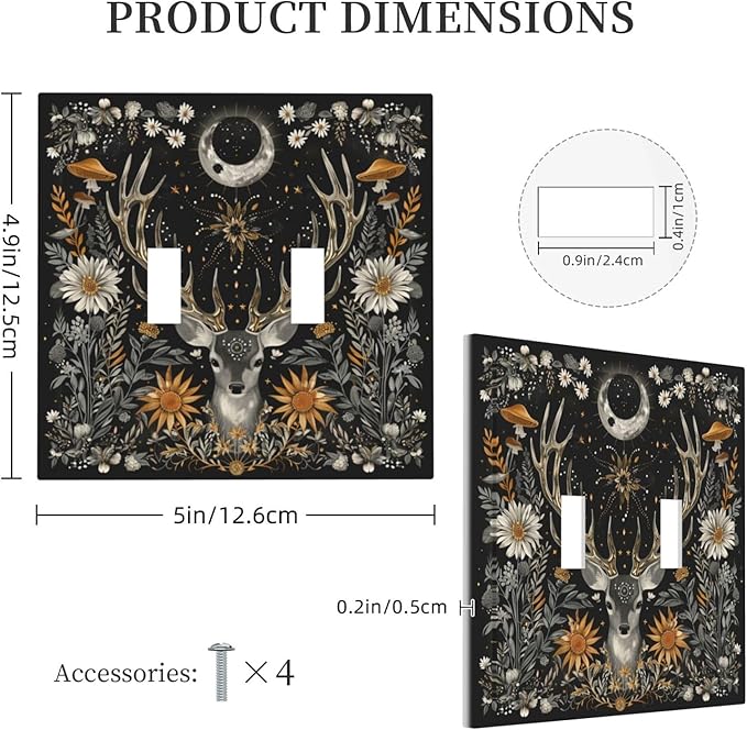 Light Switch Cover Plate Vintage Deer Flowers Moon Natural Plants Floral 2 Gang Double Toggle Decorative Switch Plates Wall Plates Electrical Faceplate for Bathroom Bedroom Decor