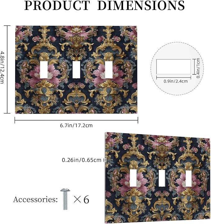 Decorative Light Switch Cover Plate Rococo Pink Floral Flower Gold Leaf 3 Gang Wall Plates for Electrical Outlets Triple Toggle Switch Plate Covers Outlet Covers Faceplate for Home Decor