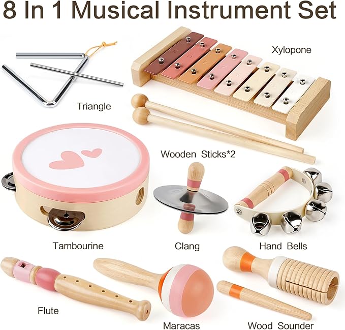 Vanplay Musical Toys for 2 Year Old Girls Easter Birthday Gifts, Montessori Toys for 2 3 Year Old, 8 in 1 Wooden Musical Instruments with Xylophone/ Tambourine/Maracas for Toddler 2-4