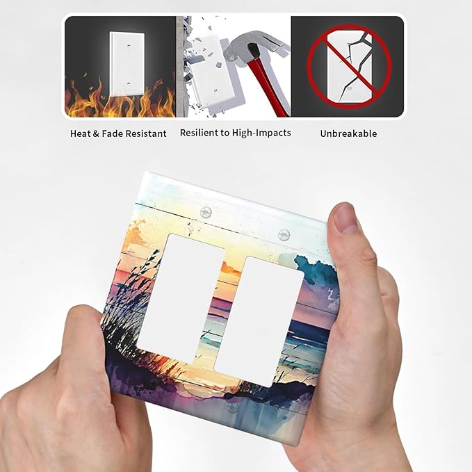 Outlet Covers Sunset Beach Abstract Watercolor 2 Gang Wall Plate Double Rocker Light Switch Cover Nature Coastal Decorative GFCI Receptacle Cover Electrical Switchplate for Home Decor