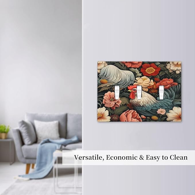 Decorative Switch Plates Rooster Flowers Red White Chicken Floral 3 Gang Wall Plate Triple Toggle Light Switch Cover Faceplate Electrical Wall Panels for living Room Farmhouse Decor