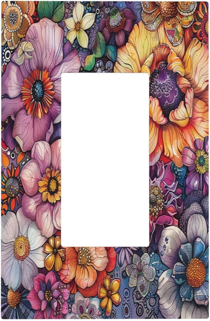 Decorative Outlet Covers Colorful Bohemian Flowers Vintage Boho Floral 1 Gang Single Rocker Light Switch Cover Plate Wall Plates GFCI Faceplate for Bed Room living Room Decor