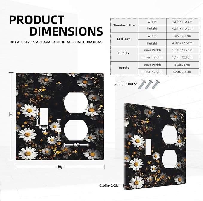 White Black Daisy Wildflower Modern Chrysanthemum Wallplates 1 Toggle 1 Duplex Switch Plate Electrical GFCI Faceplate Decorative Light Switch Covers for Bedroom Farmhouse Decor