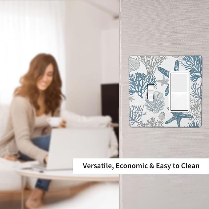 Blue Starfish Nautical Beach Conch Coastal Coral Shell Outlet Covers 1 Toggle 1 Rocker Combination Decorative Wall Plate Electrical Switch Plates Light Switch Cover Plate For Kids Room Bathroom Decor