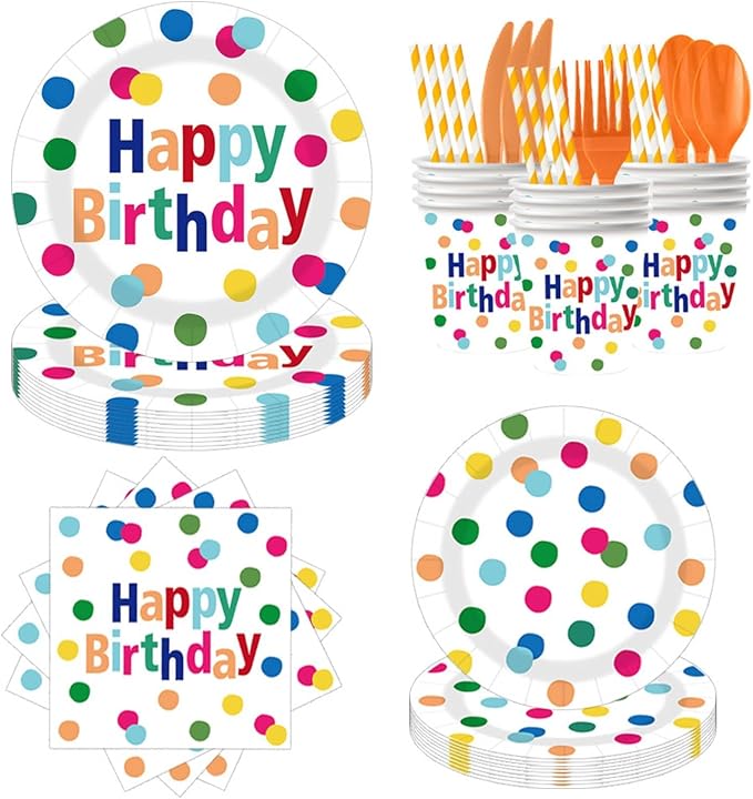 Happy Birthday Plates and Napkins Party Supplies Set,90Pcs Birthday Plates and Napkins Tableware Sets with Forks Cups,Disposable Colorful Birthday Party Decorations