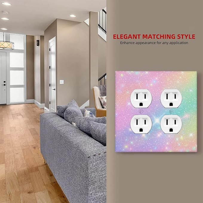 Decorative Light Switch Cover Plate Rainbow Shiny Gradient Colors 2 Gang Socket Covers Double Duplex Wallplates Switch Plates and Outlet Covers for Kids Room Nursery Decor