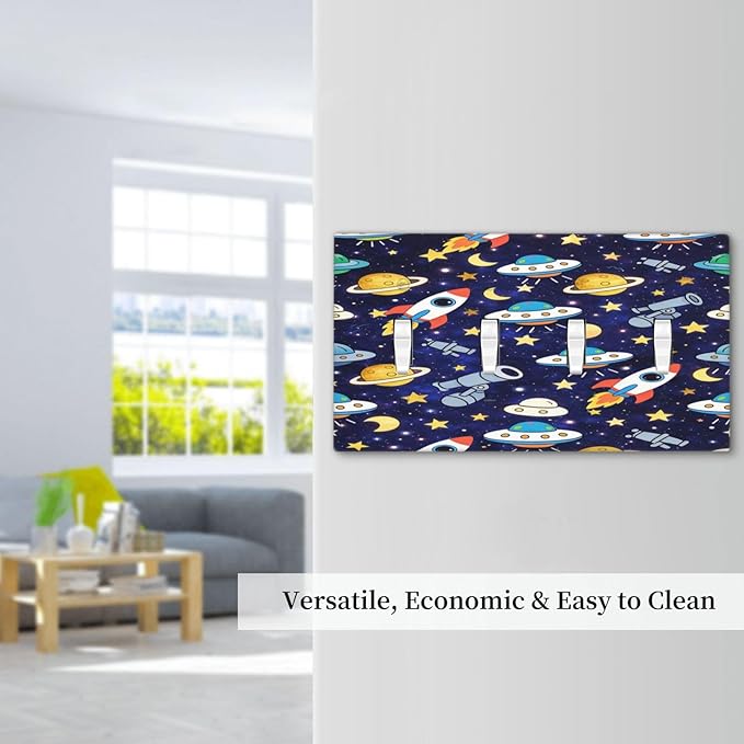 Decorative Light Switch Cover Plate Blue Space-themed Rocket Spaceship 4 Gang Wall Plates for Electrical Quad Toggle Switch Plate Covers Outlet Covers Faceplate for Children's Room Decor