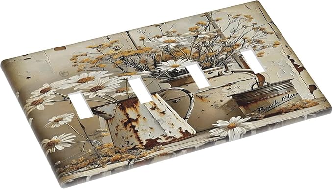 Rustic Flowers Daisy Floral White Wooden Planks Light Switch Covers Quad Toggle Electrical Faceplate 4 Gang Wall Plate Decorative Switch Plates for Farmhouse Home Decor