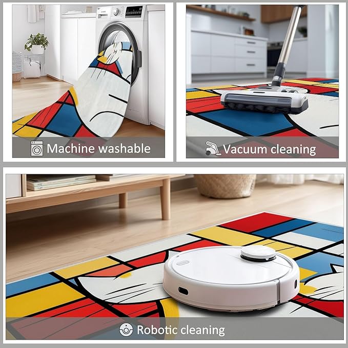 Geometric Color Block Cat Rug 2×8ft Abstract Art Non Slip Washable Patchwork Rugs for Bedroom, Ultra-Thin Low-Pile Carpets for Kitchen Laundry Hallway Bathroom Decor