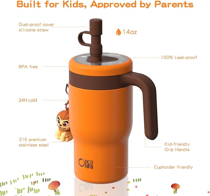 OISIZ 14oz Kids Tumbler with Straw Lid & Handle,Kids Cup with Animal Accessory for School,Kids Water Bottles with Dust-proof Cover,Leakproof Water Bottles,316 Stainless Steel,Keep Cold 24 Hours-orange