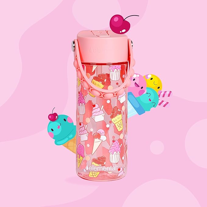 Elemental Water Bottles for Kids - Splash Kids Water Bottle for School with Pop-it Handle - BPA Free Tritan Plastic Water Bottle with Straw Leak Proof when Spout is Closed - Ice Cream - 18oz