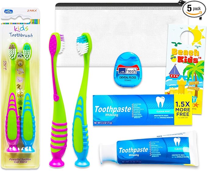 Oral Care Traveling Kit for Kids - Bundle with 2 Travel Toothbrushes, 1 Floss Pack, Toothpaste, Travel Bag, More | TSA Friendly Toothbrush Set for Boys and Girls