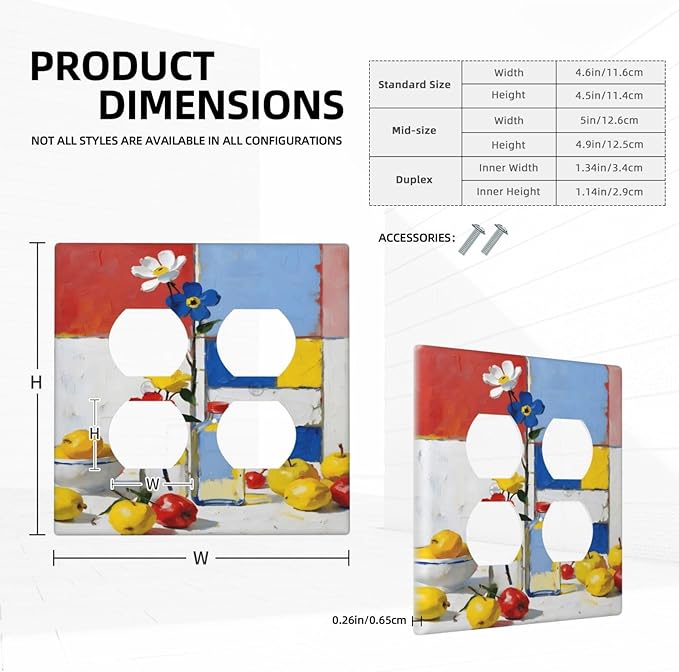 Color Block Floral Still Life Art Red Yellow Blue Abstract Outlet Covers 2 Gang Double Duplex Decorative Light Switch Covers Electrical Wallplates Socket Faceplate for Farmhouse Bedroom Decor