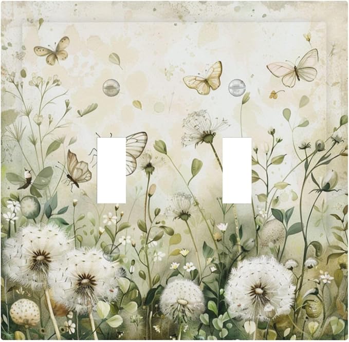 Light Switch Cover Plate Watercolor Butterflies Dandelions Wildflowers 2 Gang Double Toggle Decorative Switch Plates Wall Plates Electrical Faceplate for Bathroom Bedroom Decor