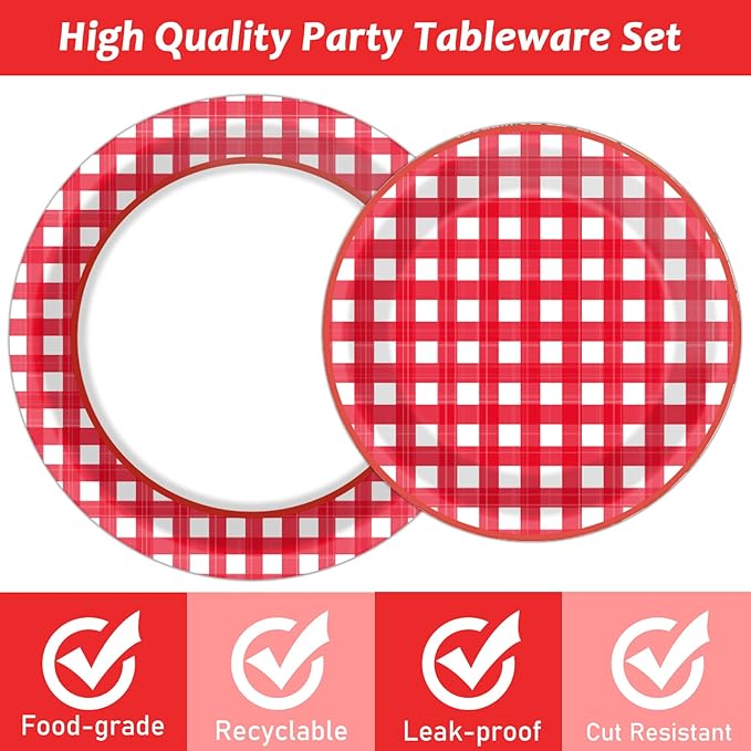 Tevxj 96 PCS Picnic Party Plates Red and White Gingham Checkered Plaid Party Tableware Barbecue Disposable Paper Plates Napkins Forks Birthday Party Decorations Supplies Favors for 24 Guests