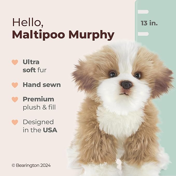 Bearington Dog Stuffed Animal - 13" Realistic Dog Plush Maltipoo Murphy - Cute Plushies for Kids Boys & Girls