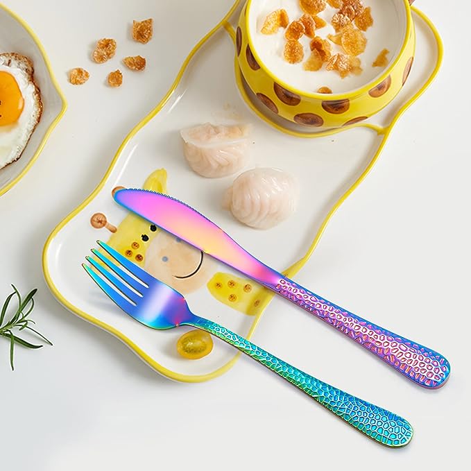 LIANYU 12-Piece Rainbow Kids Silverware Set, Stainless Steel Toddler Utensils, Hammered Preschooler Metal Flatware Cutlery Set, Children Tableware Includes Knives Forks Spoons, Dishwasher Safe
