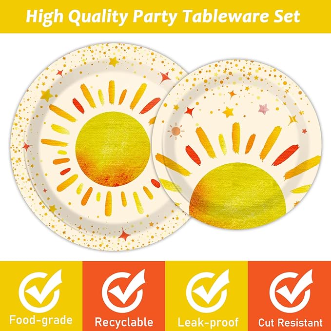 96 Pieces First Trip Around The Sun Decorations Sunshine Birthday Party Plates Boho Sun Disposable Plates Napkins Folks Paper Tableware Set for 1st Trip Around The Sun Birthday Girls Boys Supplies