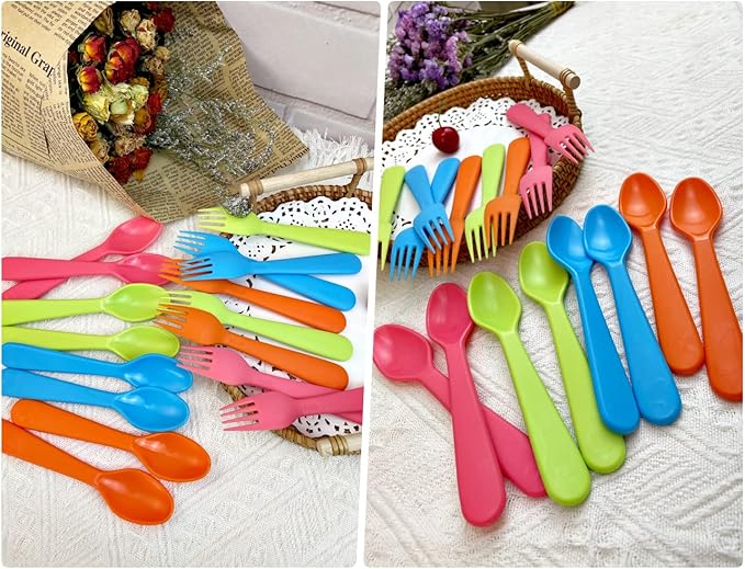 Jawbush 16 Pcs Kids Utensils, Plastic Kids Forks and Spoons, Reusable Toddler Utensils, Durable Flatware Set for Lunch Box, Easy to Use, BPA Free