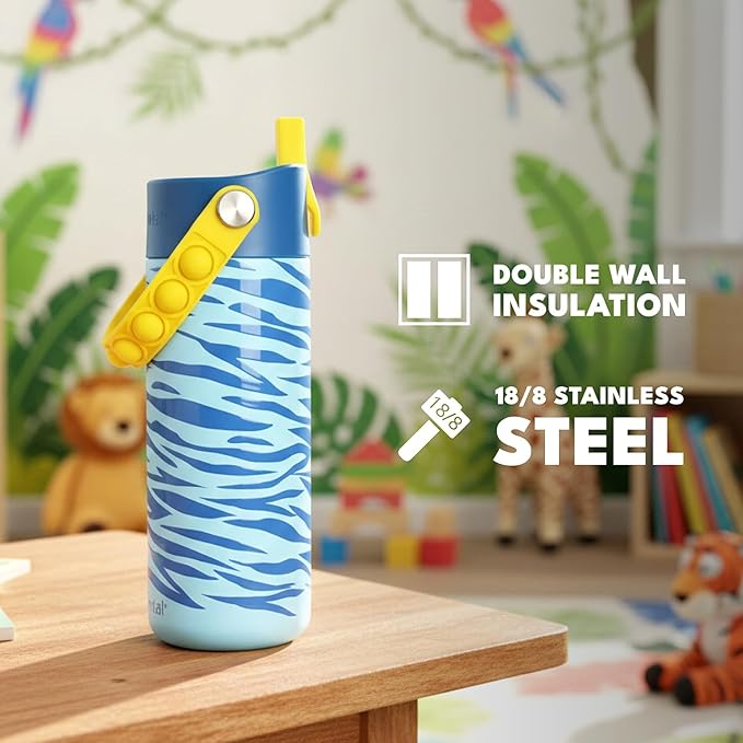 Elemental Insulated Kids Water Bottle, Stainless Steel Water Bottle with Straw Lid & Pop-It Handle, Leak-Proof Water Bottles for School, Boys or Girls, Travelling and Sports, 18oz - Spirit Tiger