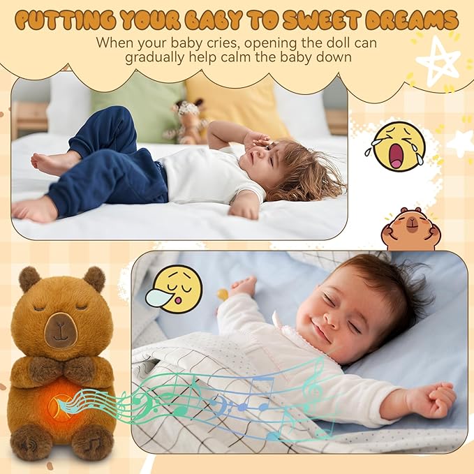 Breathing Stuffed Animal - Capybara Plush Baby Toy, Soothing Sound Machine with Music Lights & Realistic Breathing Motion, Sleeping Plushies Gifts for Kids Adults