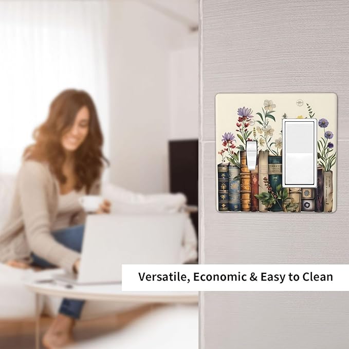 Plant Floral Books Colorful Flower Outlet Covers 1 Toggle 1 Rocker Combination Decorative Wall Plate Electrical Switch Plates Light Switch Cover Plate for Kids Room Bedroom Decor