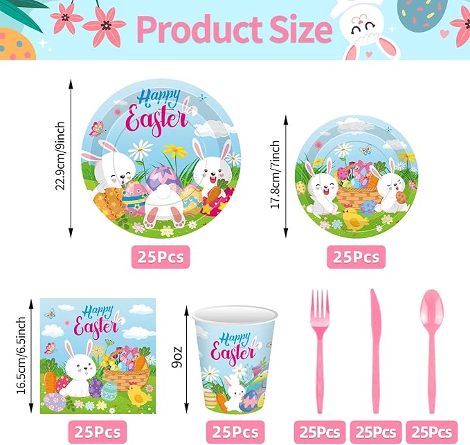 175 Pcs Easter Day Tableware Set - Serves 25, Happy Easter Bunny and Egg Disposable Plates, Cups, Napkins, Forks, Spoons, Knives for Spring Gatherings, and Kids' Birthday Party Supplies