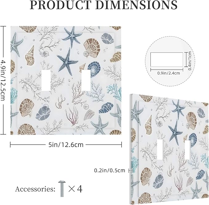 Ocean Starfish Seashells Nautical Coastal Sea Coral Decorative Switch Plates 2 Gang Double Toggle Outlet Light Switch Cover Wall Plate Electrical Faceplate for Kids Room Nursery Decor
