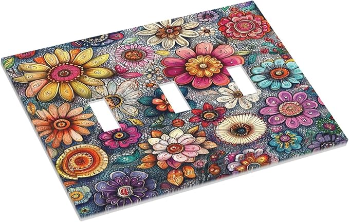 Decorative Switch Plates Colorful Rainbow Pointillisme Flower 3 Gang Wall Plate Triple Toggle Light Switch Cover Faceplate Electrical Wall Panels For Bed Room Home Decor