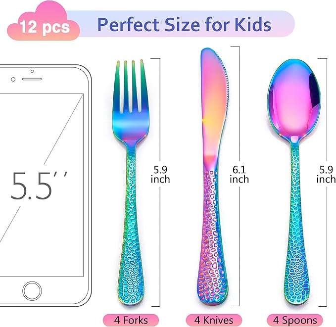 LIANYU 12-Piece Rainbow Kids Silverware Set, Stainless Steel Toddler Utensils, Hammered Preschooler Metal Flatware Cutlery Set, Children Tableware Includes Knives Forks Spoons, Dishwasher Safe