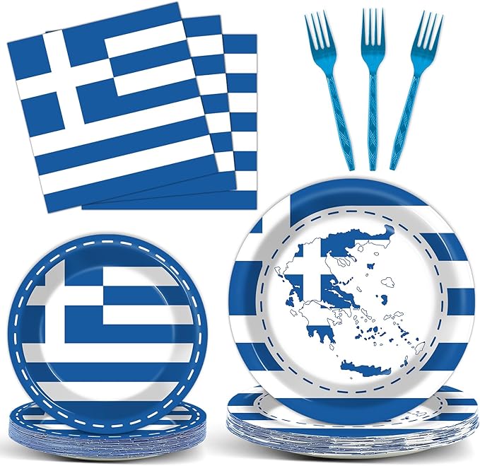 gisgfim 96 Pcs Greek Flag Greece Plates and Napkins Party Supplies Greek Flag Birthday Party Tableware Set Blue Greece Birthday Decorations Favors for Greek Family Gathering Dining for 24 Guests