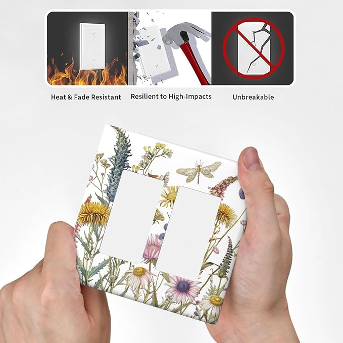 Light Switch Cover Plate Botanical Wildflowers Dragonfly Colorful Floral 2 Gang Double Rocker Outlet Covers Decorative Switch plates Electrical Wall Plates GFCI Receptacle for Bathroom Bedroom