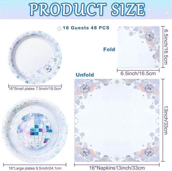 WERNNSAI Disco Party Decorations - 48PCS Disco Ball Plates and Napkins 70s Theme Birthday Supplies for Girls Boys Bachelorette Wedding Birthday Party Favor Serves 16 Guest