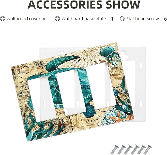 Nautical Ocean Map Tortoise Turtle 3 Gang Triple Rocker/Decora Light Switch Wall Plate Cover Decorative Electrical Faceplate Switchplate for Bathroom Living Room Decor