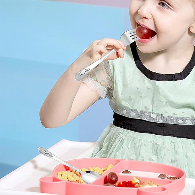 Customized Toddler 4pcs Set Tableware, BUGMKCS Personalized Kids Utensils and Toddler Supplies, 304 Stainless Steel Children Forks and Silverware with Name for Feeding, Kids Cutlery Set