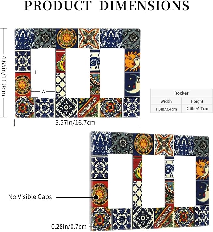 Boho Moroccan Mandala Mexican Tiles Triple Decorator Light Switch Cover 3 Gang GFCI/Rocker Wallplate Decorative Electrical Faceplate Switchplate Dimmer Screwless
