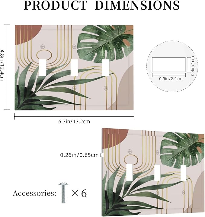 Mid Century Boho Mid Size 3 Gang Triple Toggle Light Switch Cover Wallplate Minimalist Aesthetic Art Abstract Tropical Green Palm Leaves Decorative Outlet Cover Electrical Faceplate Switch Face Plate