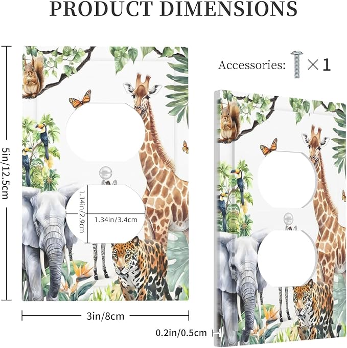 Elephant Giraffe Jungle Animals Leopard Zoo Outlet Covers 1 Gang Duplex Light Switch Cover Decorative Switch Plates Electrical Receptacle Faceplate Wall Plate for Kids Room Nursery Decor
