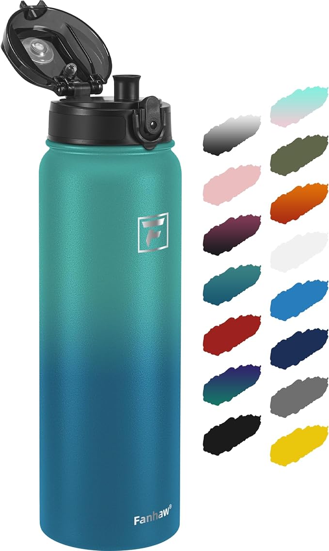 Fanhaw 32 oz Insulated Stainless Steel Water Bottle with Anti-Dust Chug Lid, Leakproof Vacuum Sports Bottle for Men & Women (Green Blue)