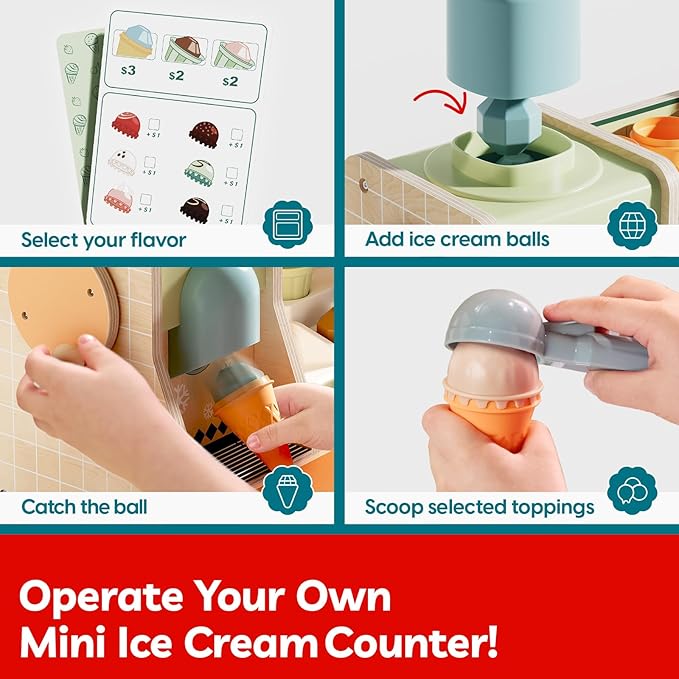TOP BRIGHT Wooden Ice Cream Pretend Play Toys, Play Kitchen Set for Kids with Ice Cream Counter & Scoop & Menu, Montessori Toys for Boys Girls Capybara Gift Age 3+