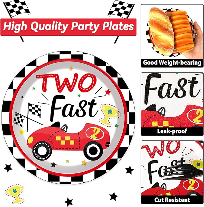 48Pcs Two Fast Plates and Napkins Two Years Old Birthday Party Decorations set Race Car 2nd Party Supplies Racing 2 fast Birthday Racing Sports Themed Disposable Tableware for Kids Boys Serves 24