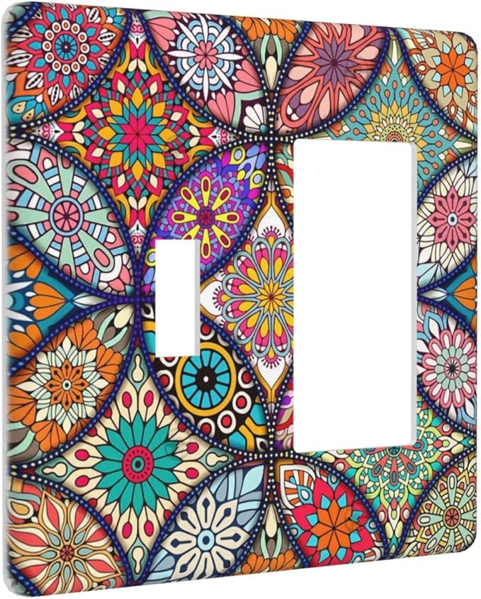 Bohemian Combin Wall Plate Cover Decorative 2 Gang Toggle Rocker Light Switch Cover colorful Vintage Floral Mandala Flower Faceplate for Bathroom Home Bedroom Art Panel Decor 4.5 X 4.5 In