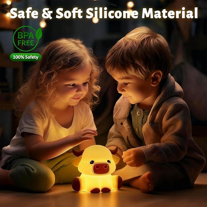 Cattle Night Light for Kids, Squishy Silicone 3-Level Dimmable Touch Control Cute Nightlight with Timer, Portable USB Rechargeable Nursery Pink Night Lamp Gifts for Baby, Toddler Room Decor