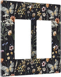 Vintage Flower Leaves Double Rocker Wall Plates Cute Bees 2 Gang Light Switch Cover Decorative Dark Backgrounds GFCI Electrical Switchplate Butterfly Dimmer Decor for Bedroom Kitchen Bathroom